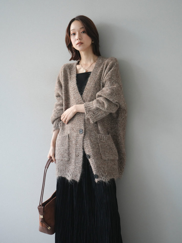[予約]ミックスヤーンVネックオーバーニットカーディガン/brown