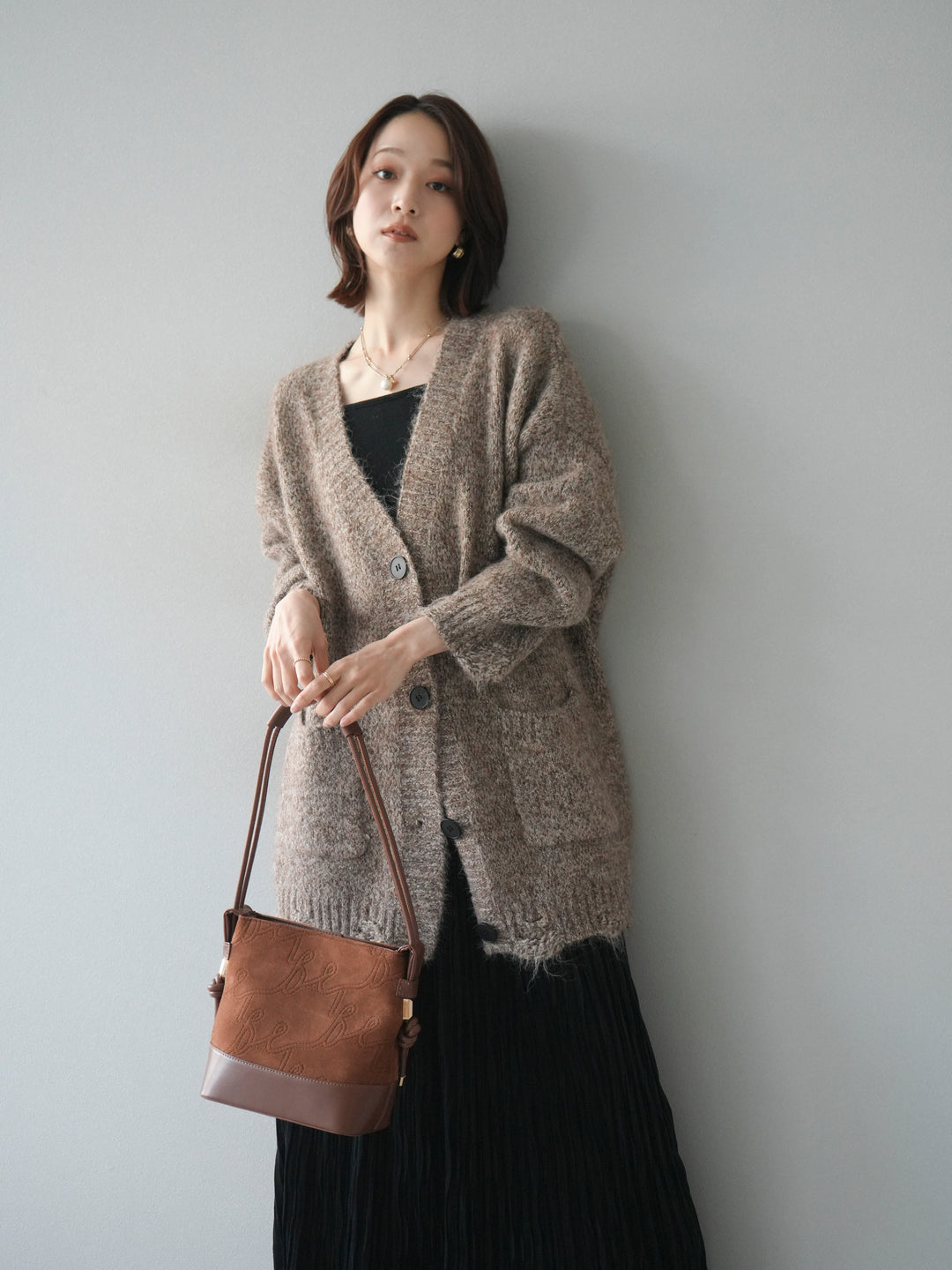 [予約]ミックスヤーンVネックオーバーニットカーディガン/brown