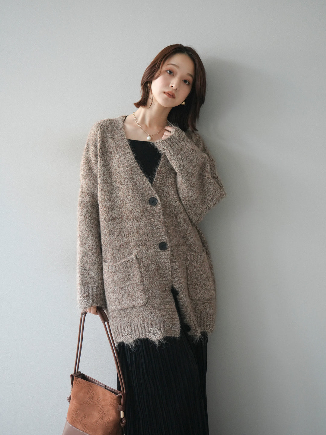 [予約]ミックスヤーンVネックオーバーニットカーディガン/brown