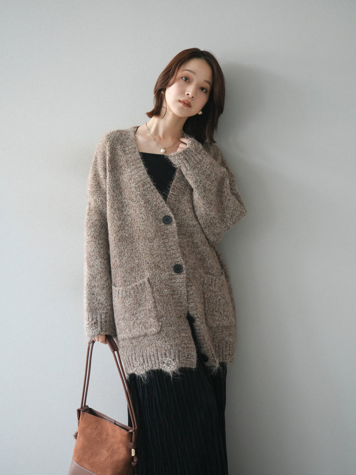 [予約]ミックスヤーンVネックオーバーニットカーディガン/brown