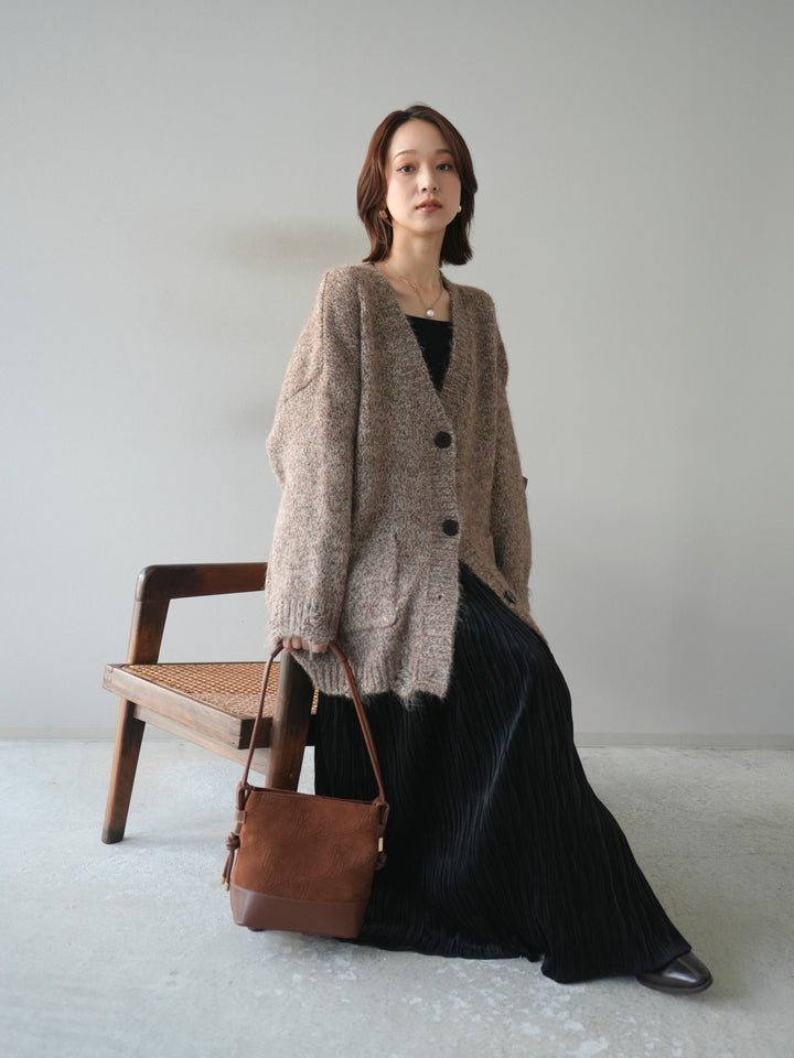 [予約]ミックスヤーンVネックオーバーニットカーディガン/brown