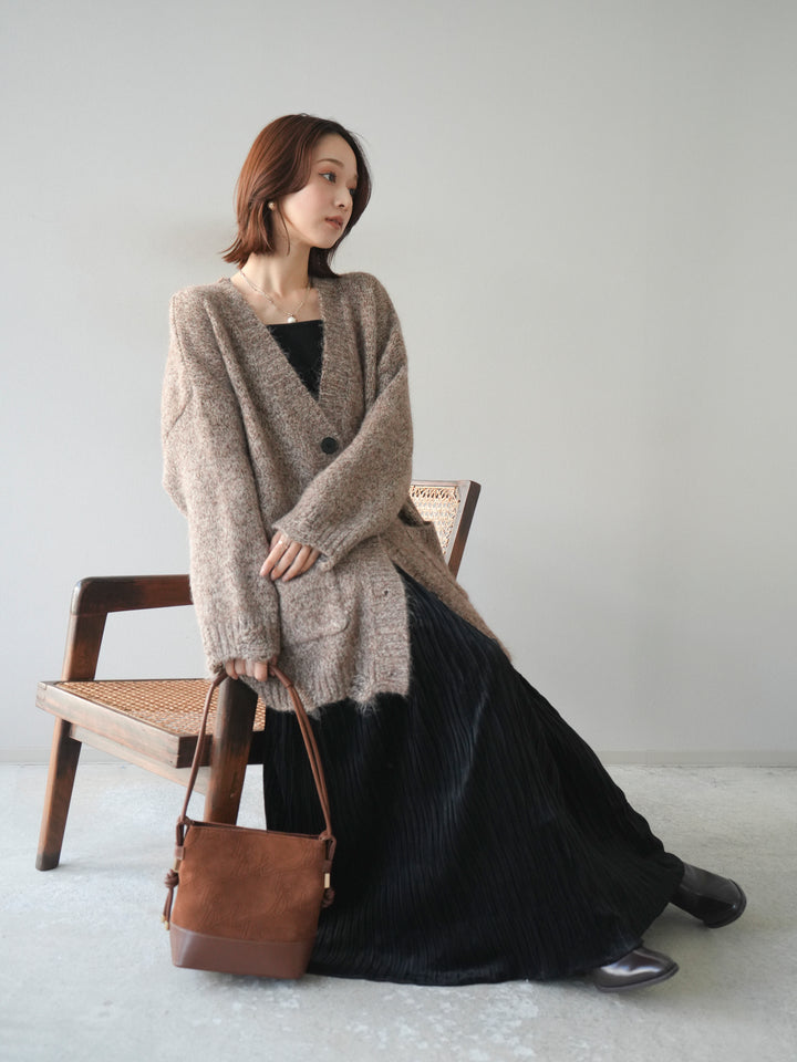 [予約]ミックスヤーンVネックオーバーニットカーディガン/brown