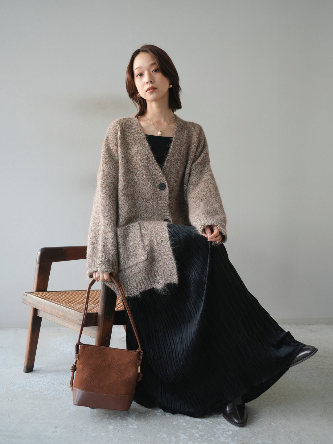 [予約]ミックスヤーンVネックオーバーニットカーディガン/brown