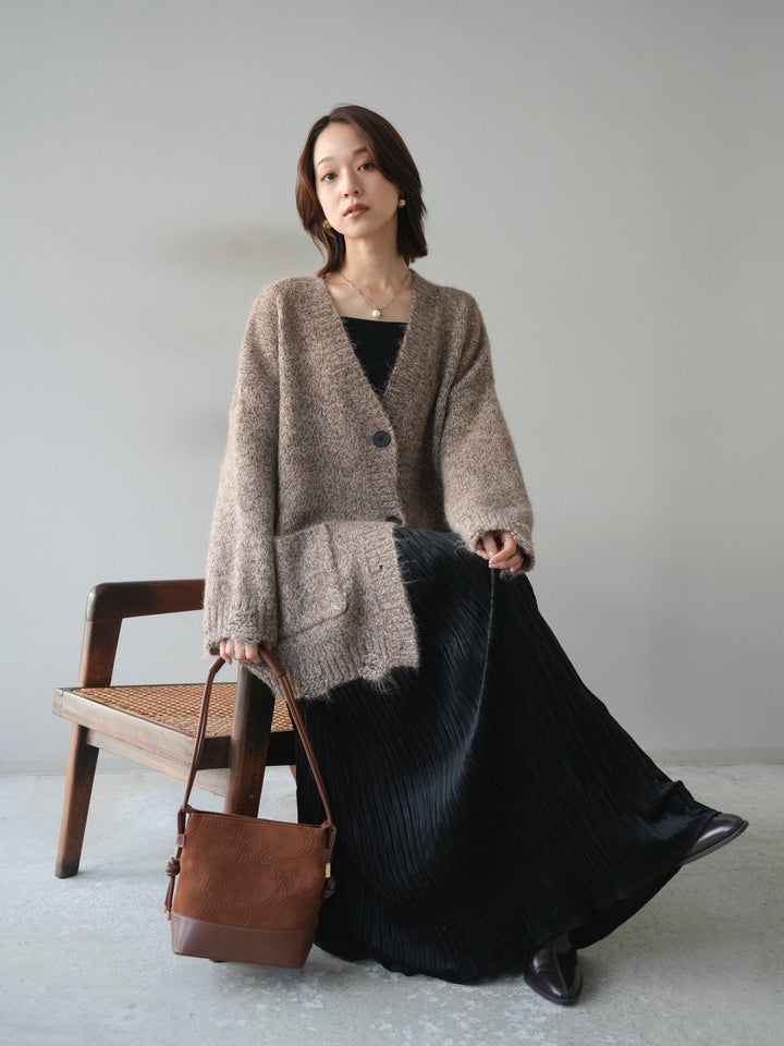 [予約]ミックスヤーンVネックオーバーニットカーディガン/brown