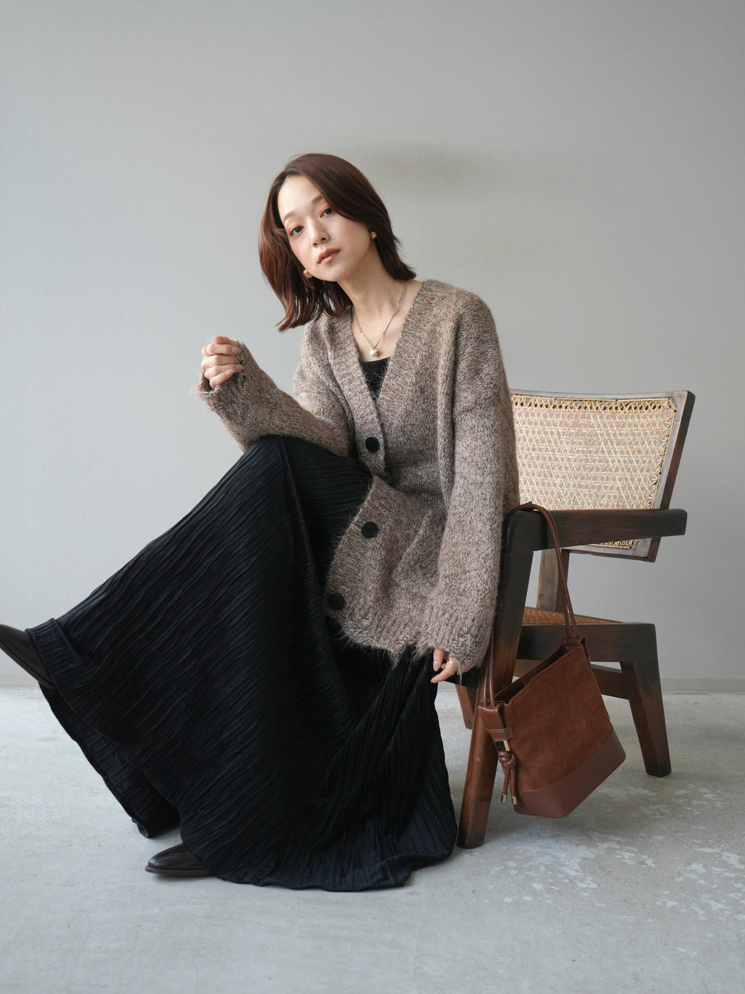 [予約]ミックスヤーンVネックオーバーニットカーディガン/brown