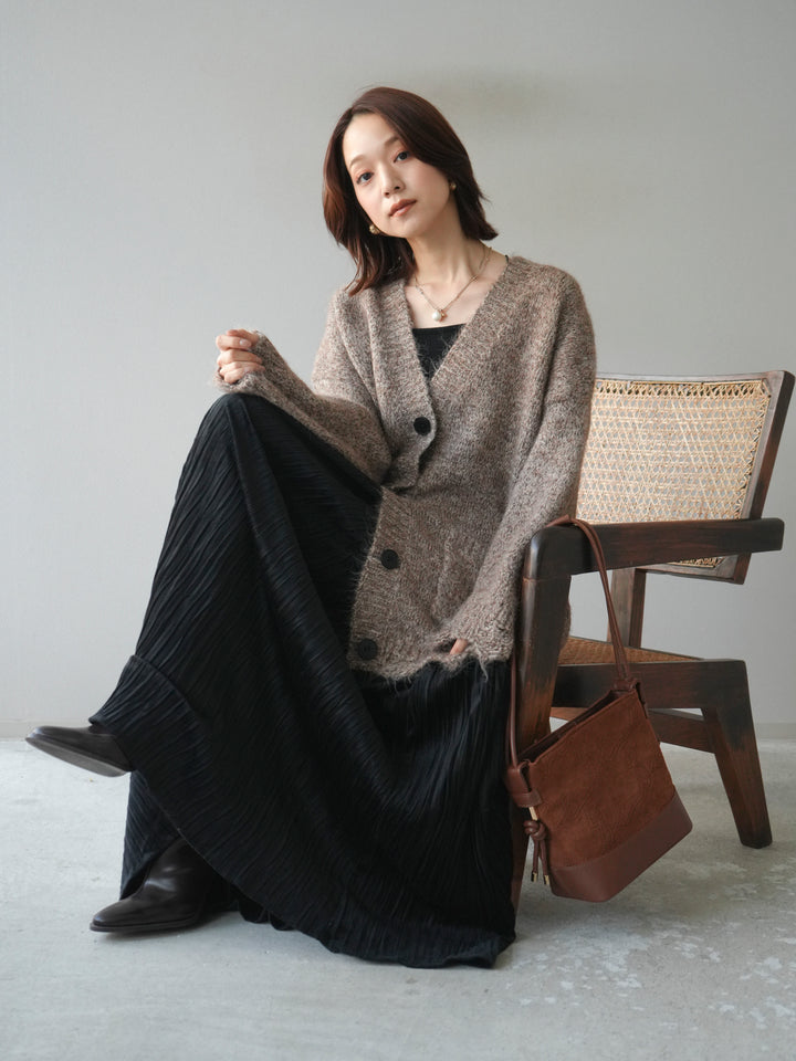 [予約]ミックスヤーンVネックオーバーニットカーディガン/brown