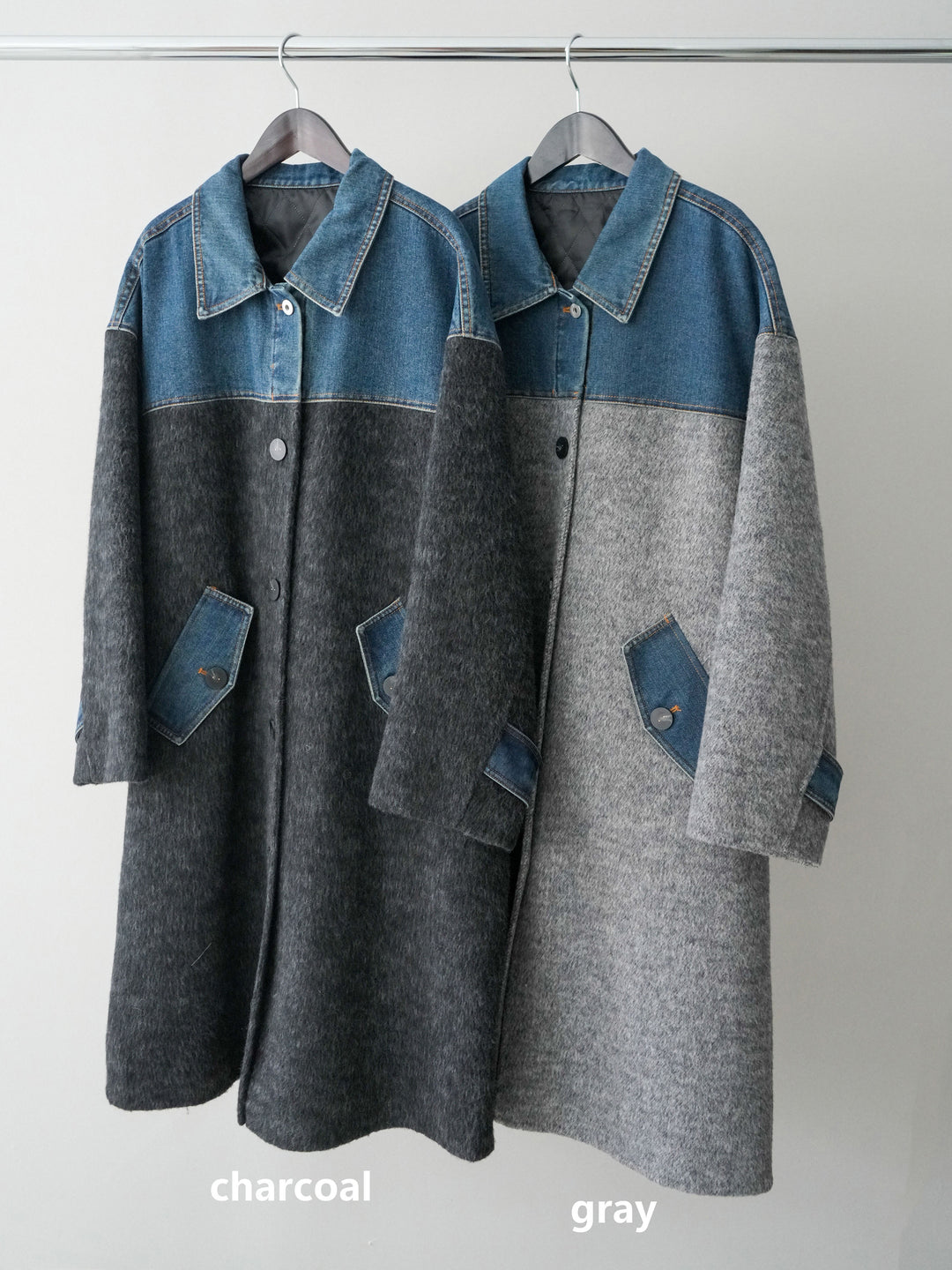 [SET]デニム切替シャギーステンカラーコート+ウールタッチベルト付ミニスカート(2set)