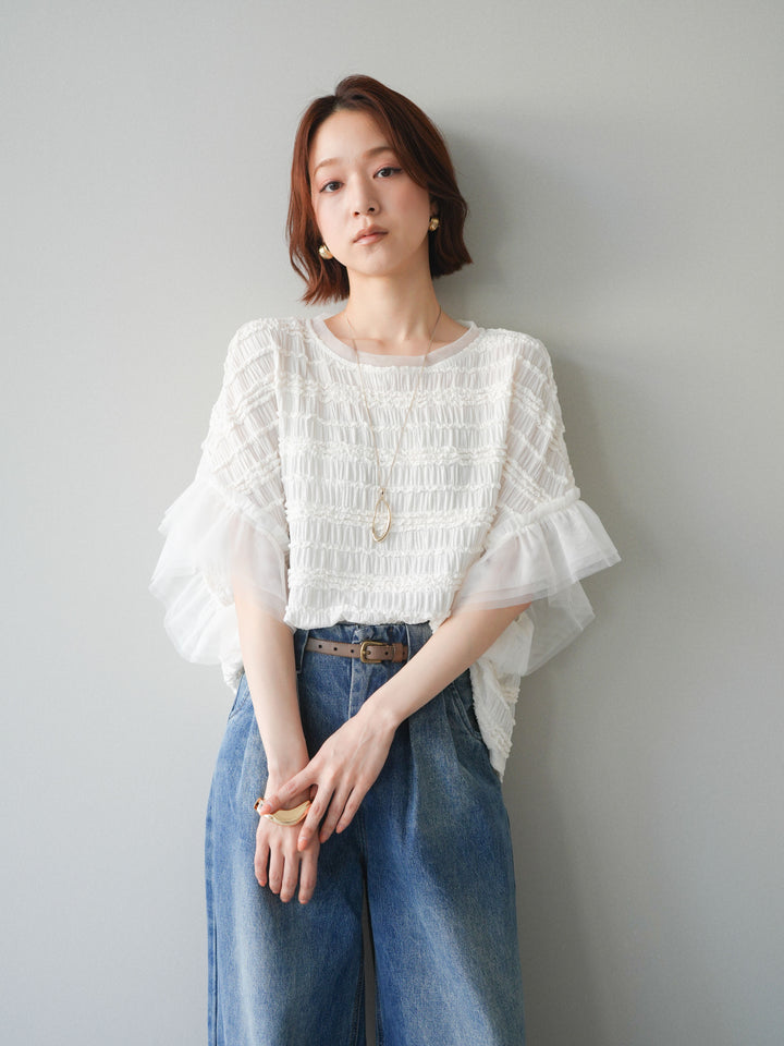 [予約]チュール袖リップルトップス/white