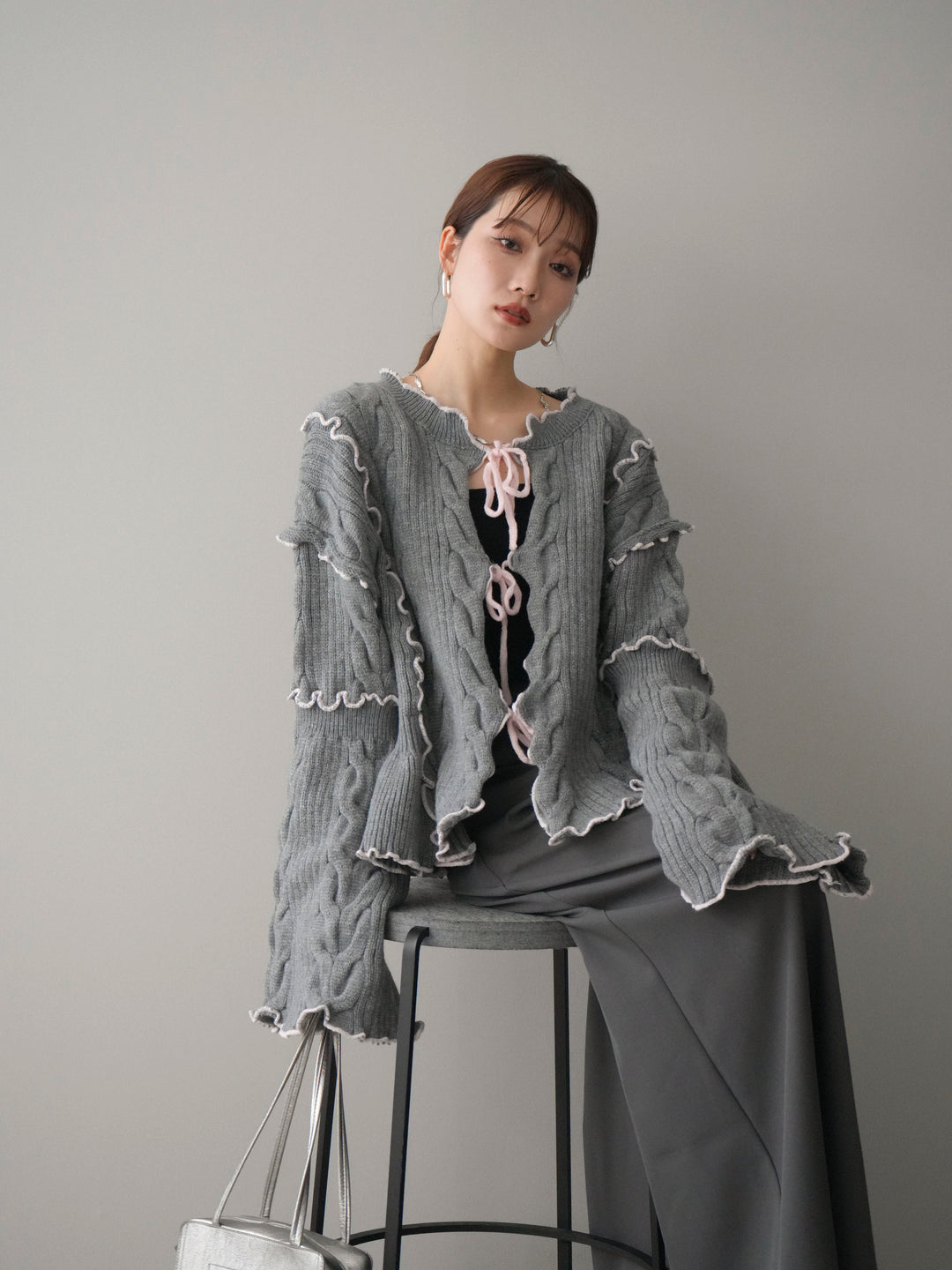 [予約]フロントリボン配色メローニットカーディガン/gray