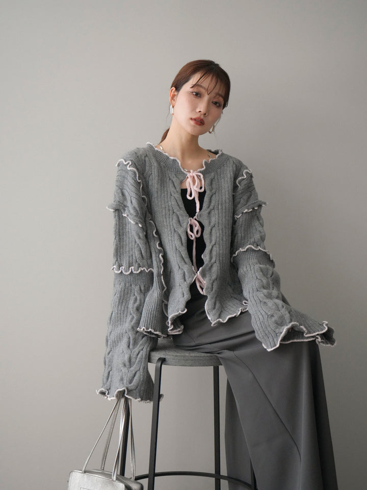 [予約]フロントリボン配色メローニットカーディガン/gray