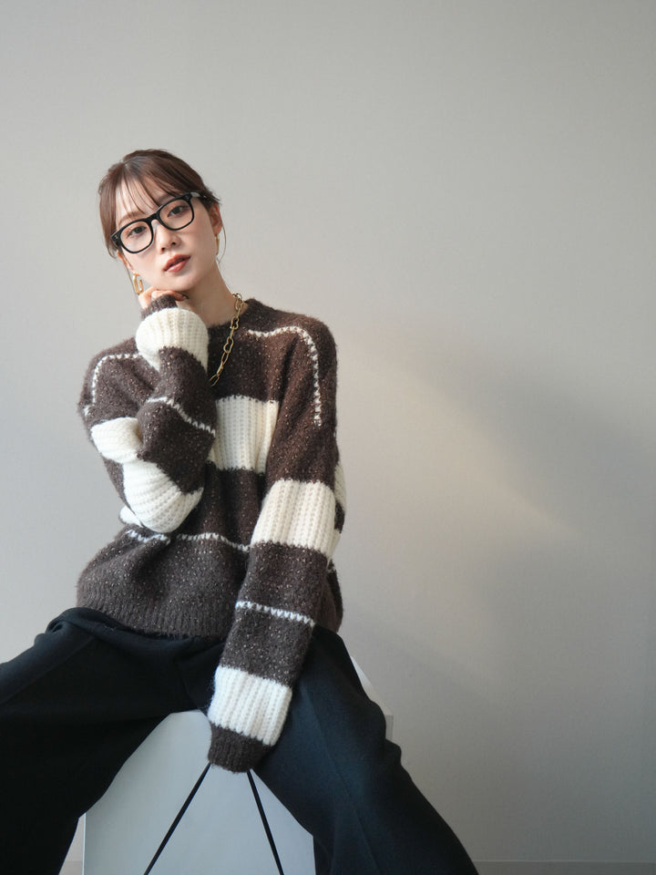 [予約]ネップヤーンボーダーニットプルオーバー/brown