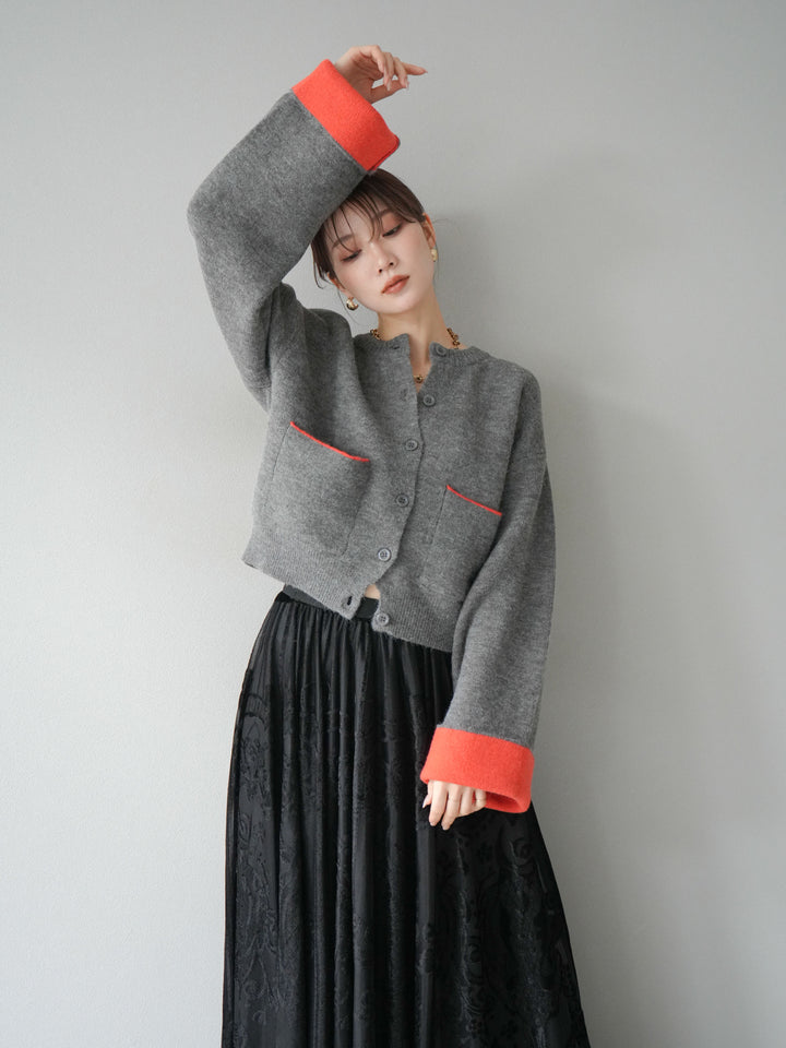 [SET]バイカラーオーバーニットカーディガン+アンティーク柄フロッキーマキシスカート(2set)