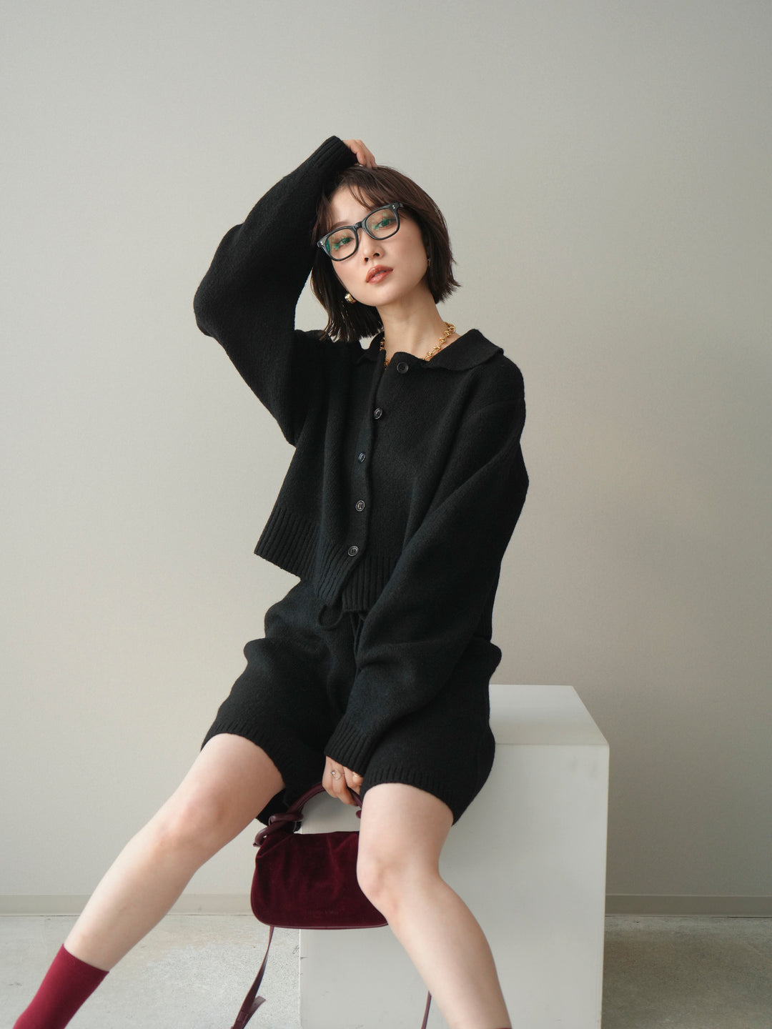 [予約]メランジニット襟付きクロップドカーディガン/black