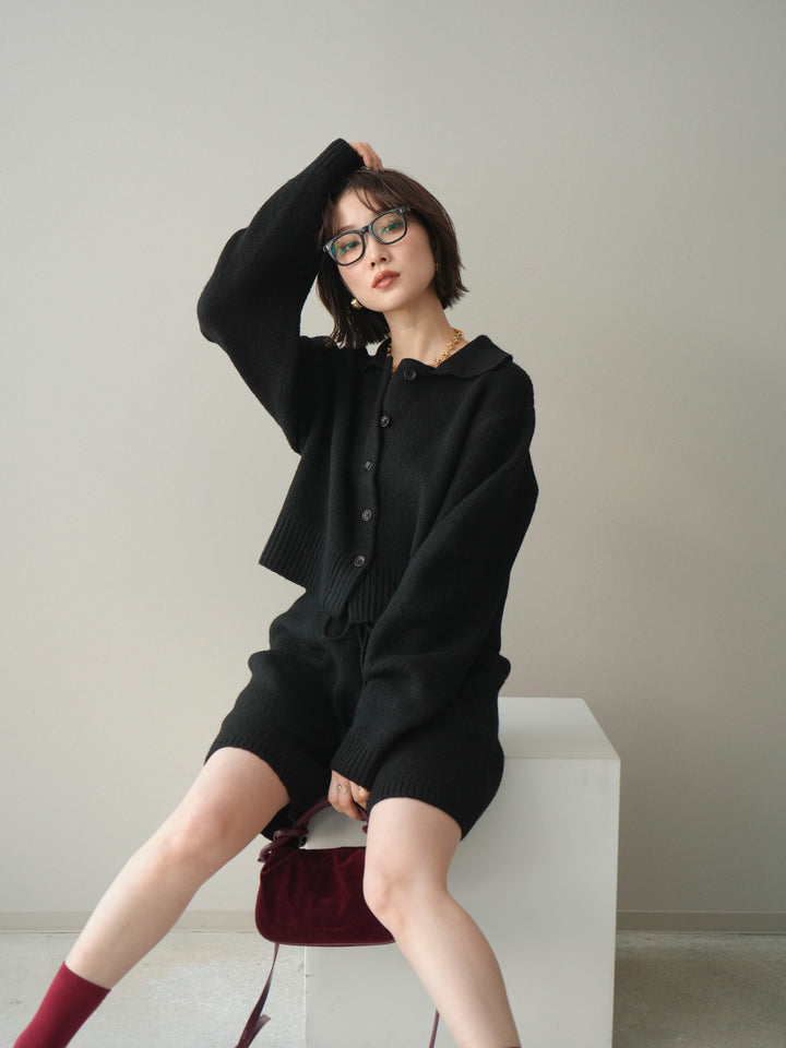 [予約]メランジニット襟付きクロップドカーディガン/black