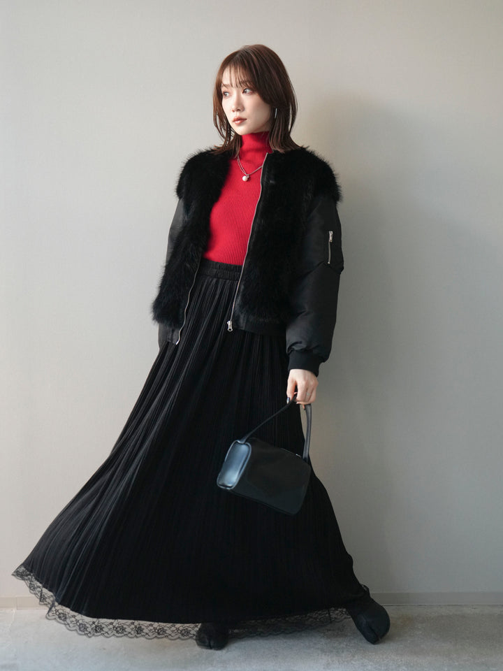 [SET]ファードッキングMA-1+袖ボタンボトルネックリブニットトップス+裾レーススウェードプリーツマキシスカート(3set)