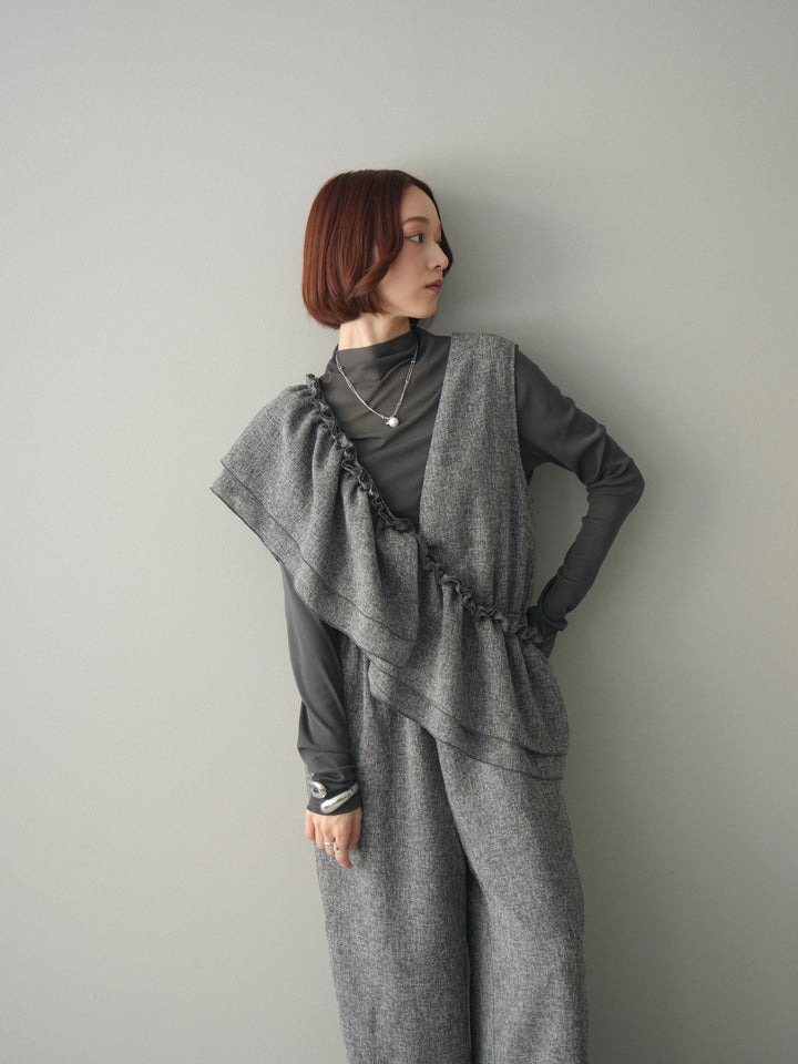 [SET]3WAYミックスツイードギャザーオールインワン+シアープチネックストレッチトップス(2set)