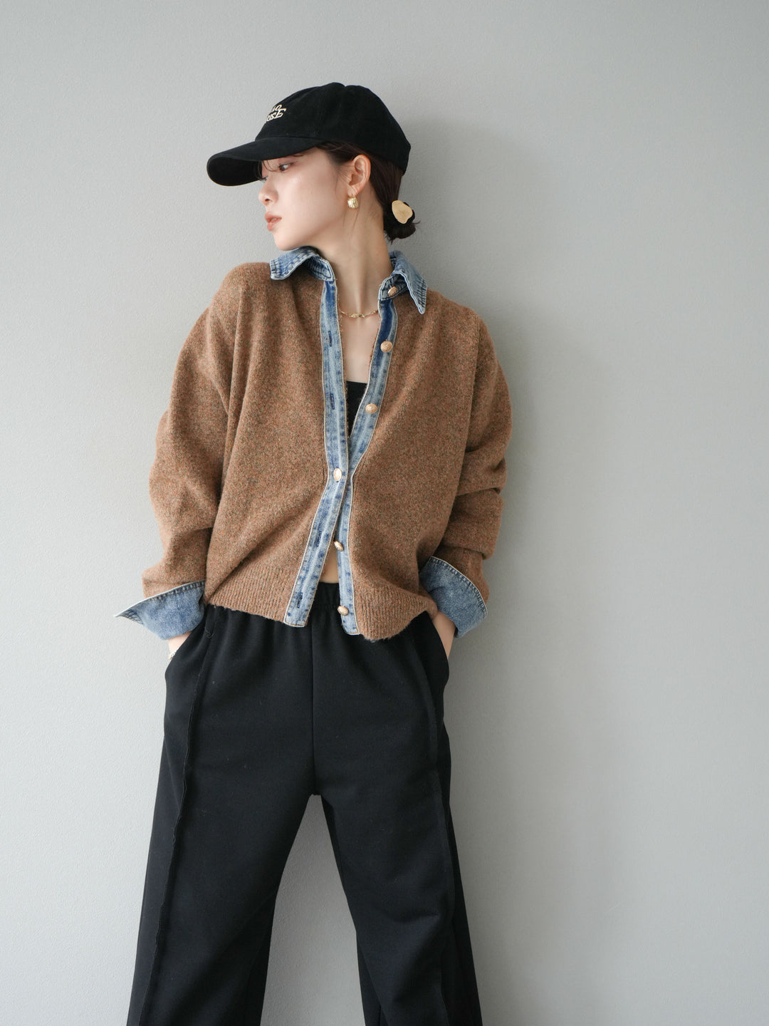 [SET]デニム襟ボタンニットカーディガン+2WAYデザインスウェットパンツ(2set)