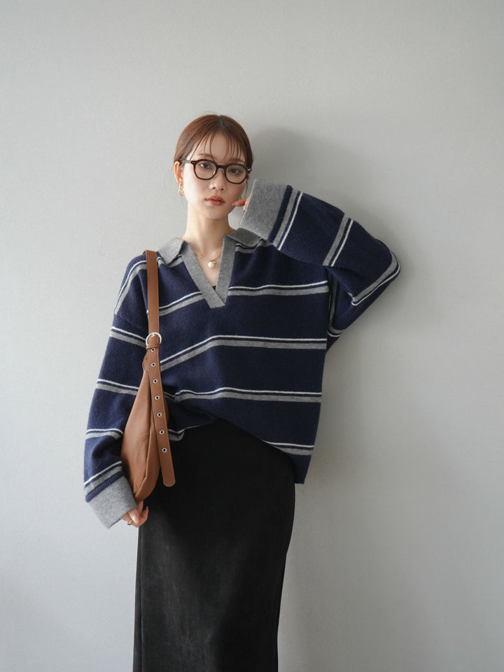 [SET]ポロ襟スキッパーボーダーニットプルオーバー+スウェードIラインスカート(2set)