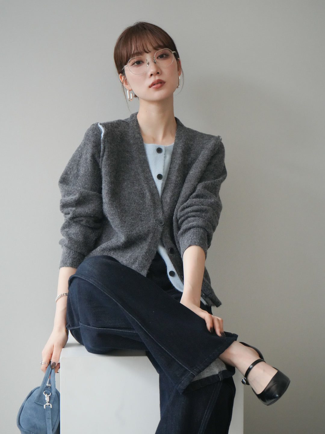 [SET]配色レイヤードニットカーディガン+選べるアクセセット(2set)