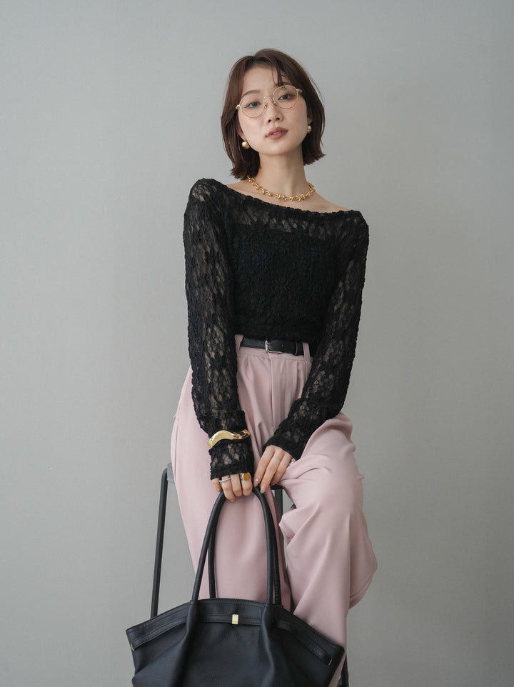 [予約]サイドギャザーレーストップス/black