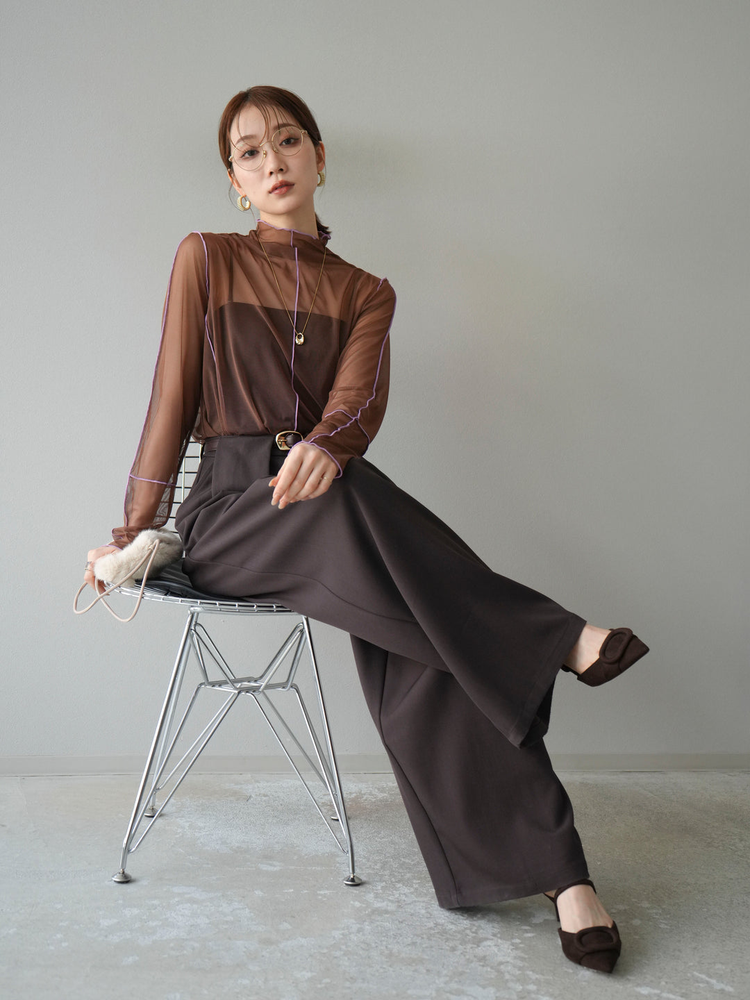 [予約]シアーパイピングカットソー/ダークブラウン×ラベンダー