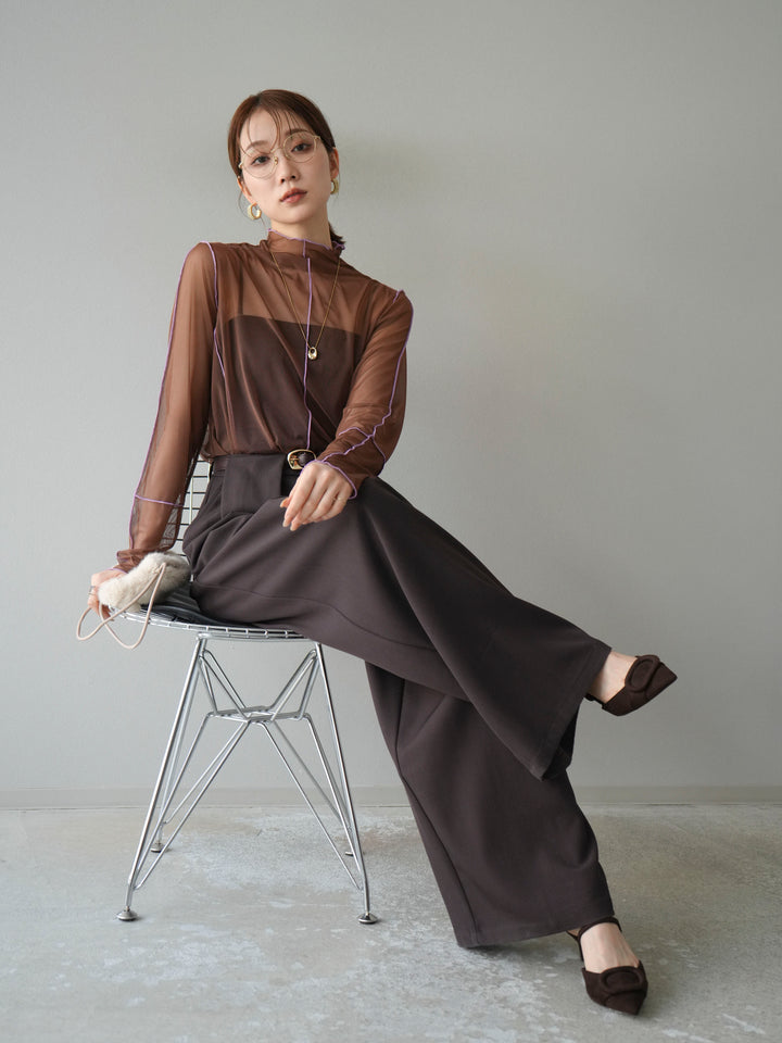 [予約]シアーパイピングカットソー/ダークブラウン×ラベンダー