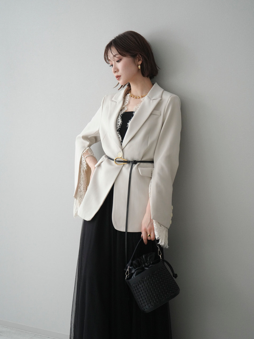 [SET]レースレイヤードスリットジャケット+チュールボリュームスカート(2set)