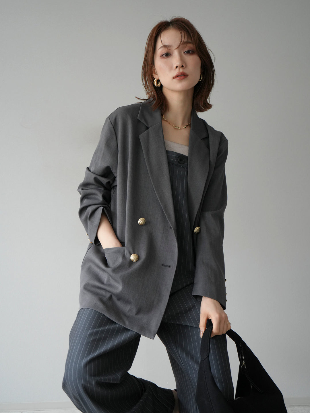 [予約]サテン切替ピンストライプサロペット/グレー