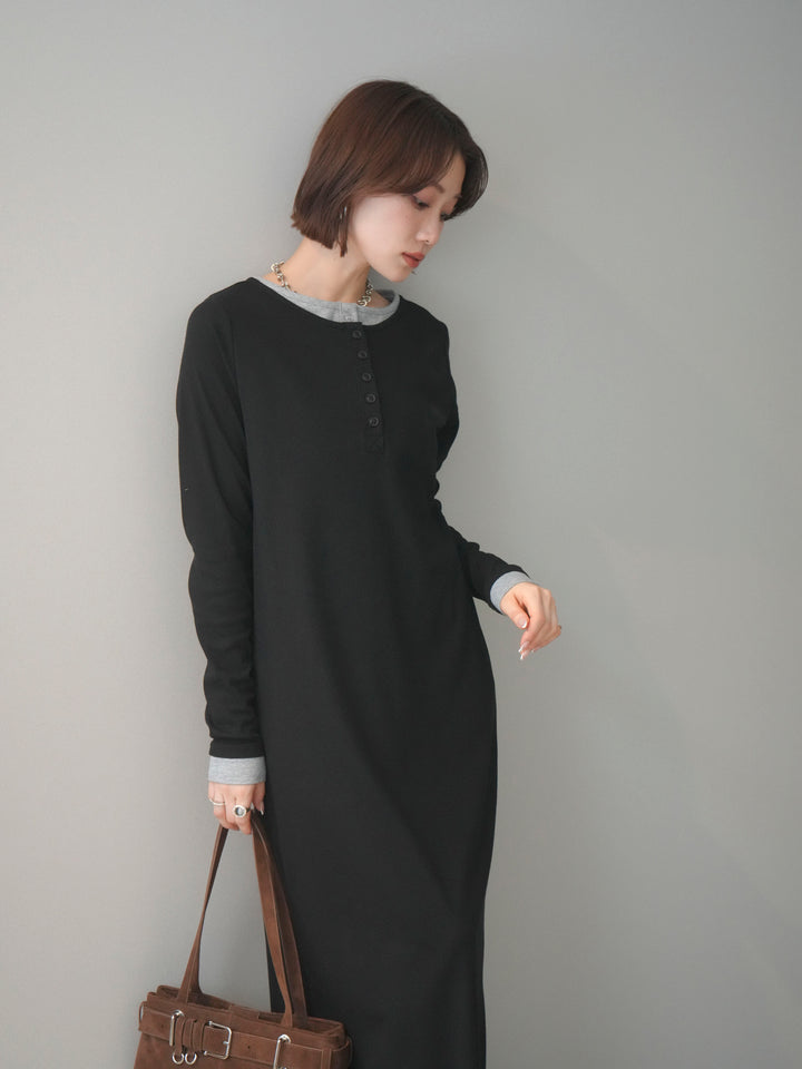 [SET]配色レイヤードヘンリーネックカットリブワンピース+選べるアクセセット(2set)