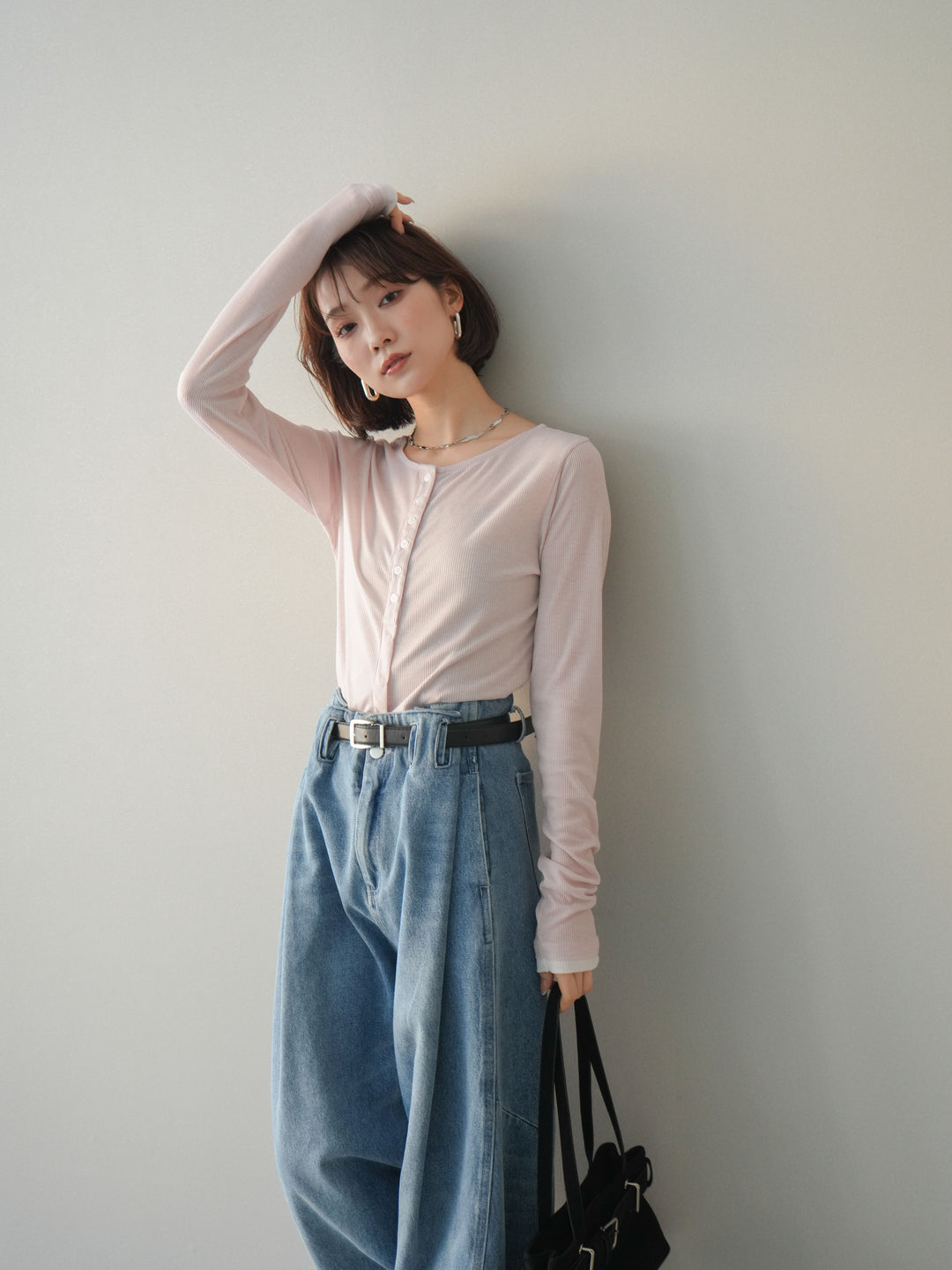 [予約]シアーリブバイカラーカーディガン/pink