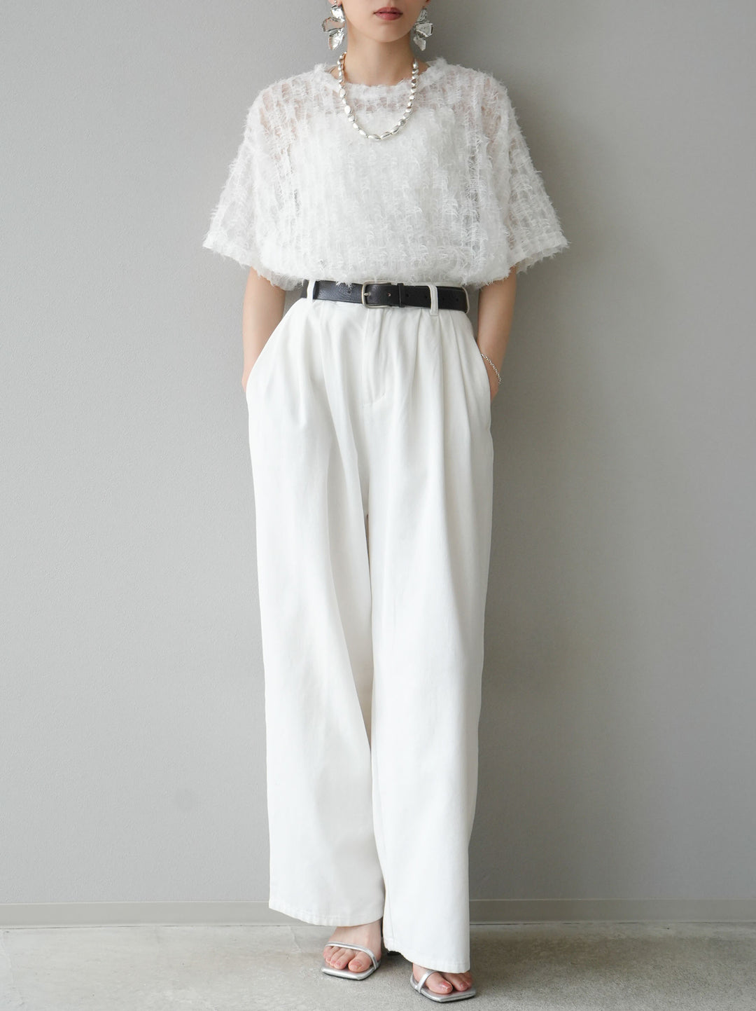 [Pre-order] Fringe Tulle 5/4 Sleeve Over Top/Off-White