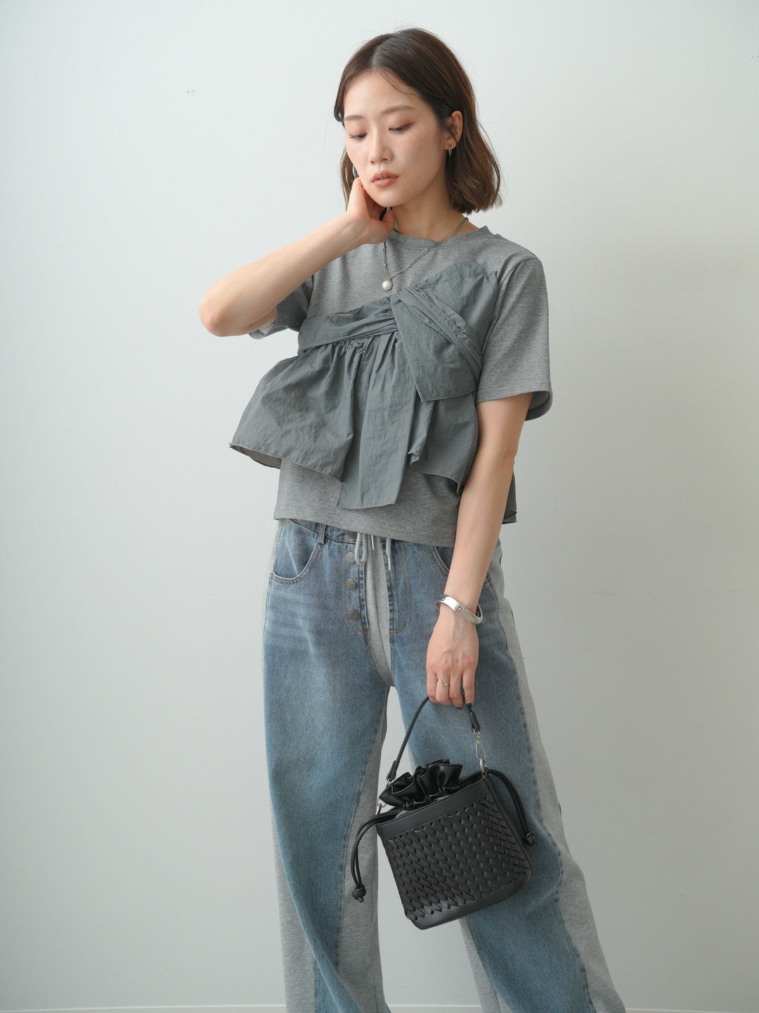 [SET]ナイロンドッキングツイストTEE +デニム切替スウェットパンツ(2set)