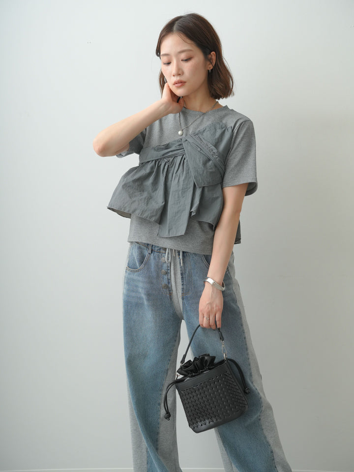 [SET]ナイロンドッキングツイストTEE +デニム切替スウェットパンツ(2set)