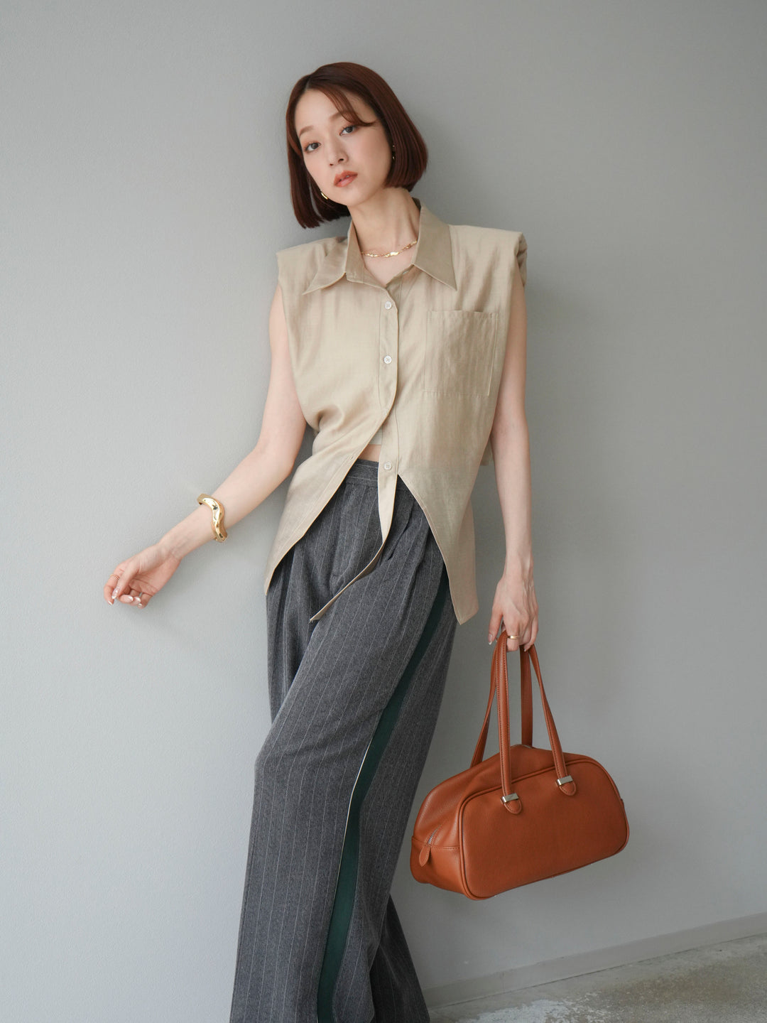 [予約]サイドラインストライプワイドパンツ/チャコール