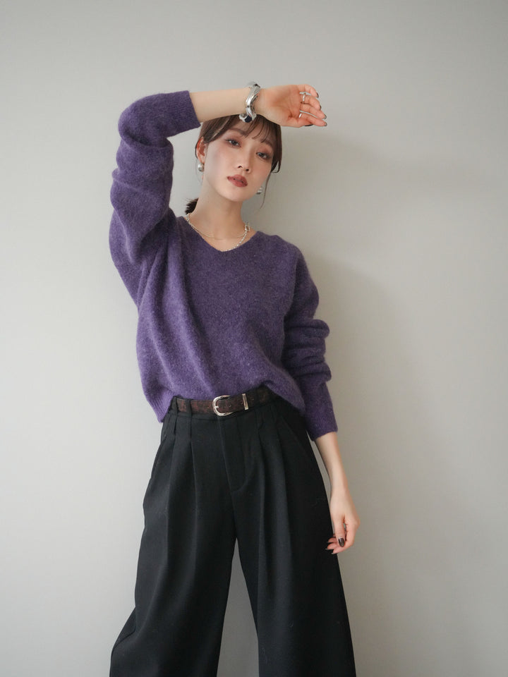 [予約]シュシュ付きアンゴラタッチVネックニットプルオーバー/purple