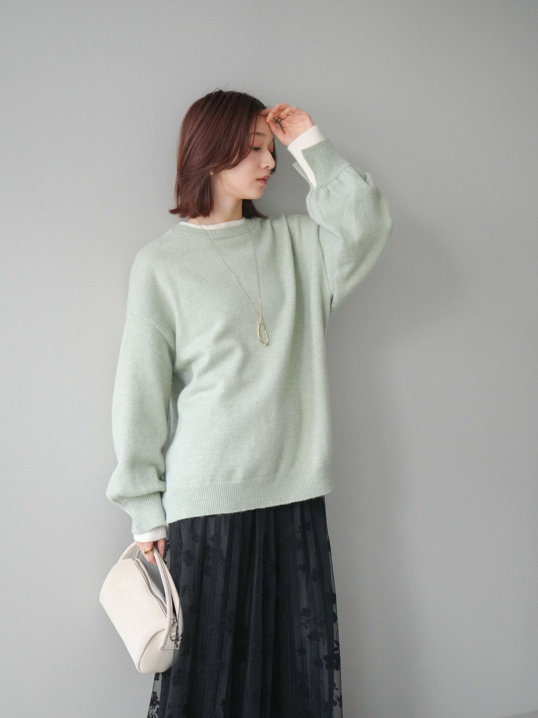 [SET]ヘンリーネック配色レイヤードニットプルオーバー+フラワーフロッキーチュールプリーツスカート(2set)