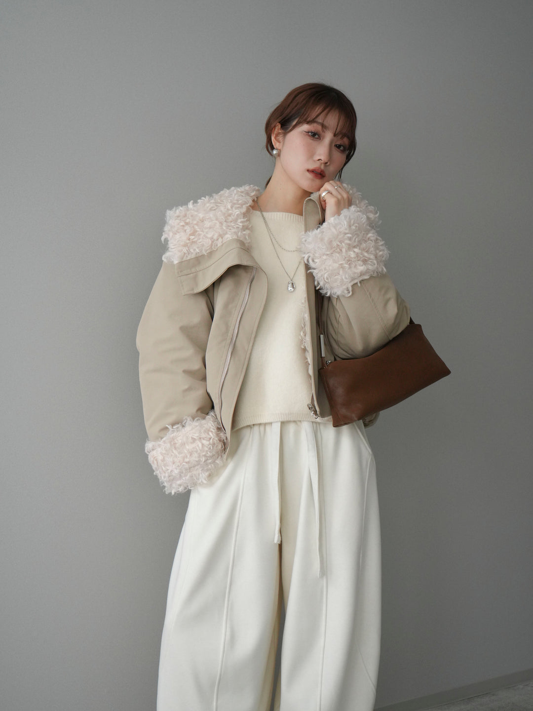 [SET]プードルファーダウンジャケット+アンゴラタッチボートネッククロップドプルオーバー(2set)