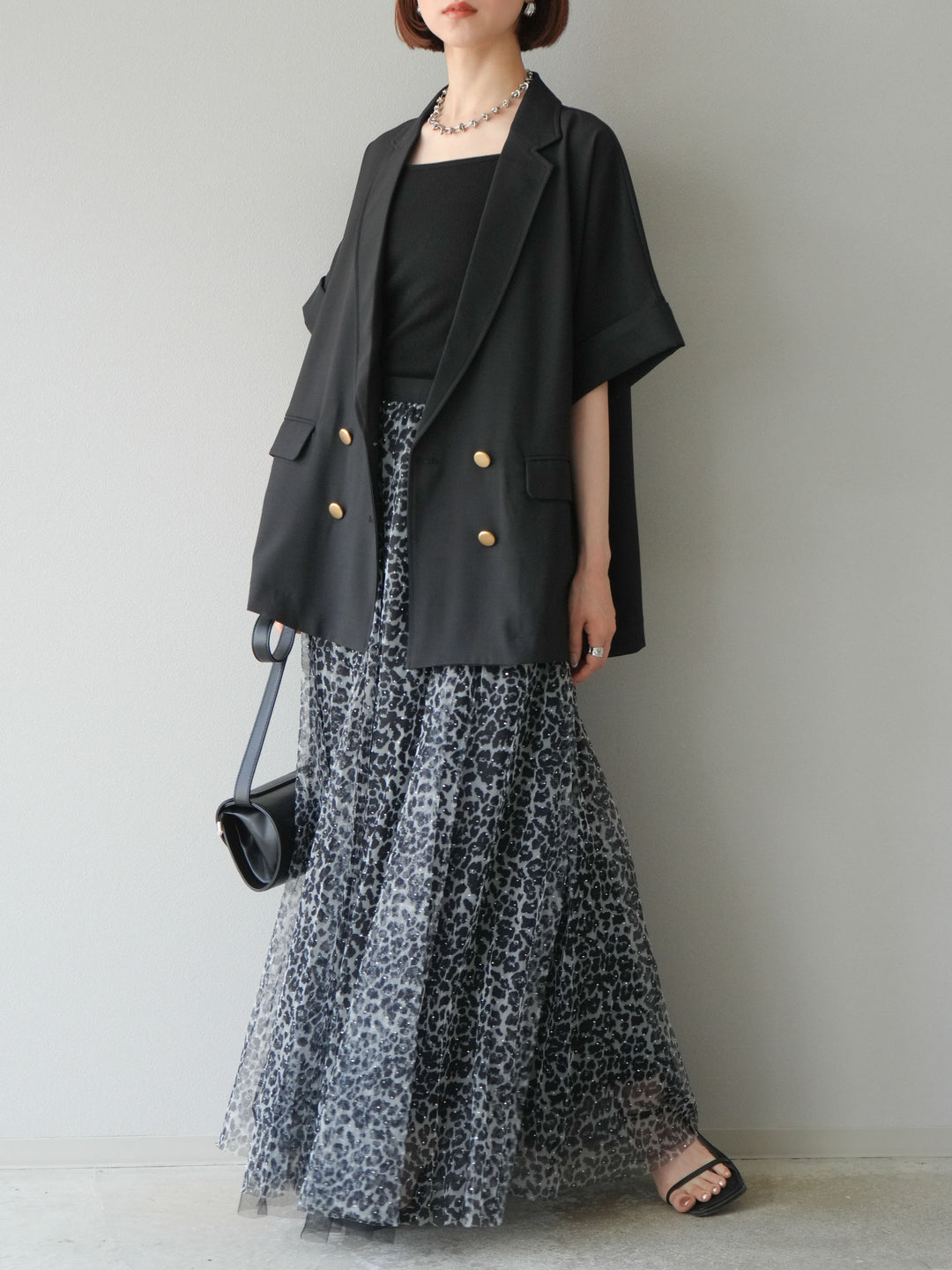 [予約]レオパードチュールレイヤードプリーツスカート/ブラック