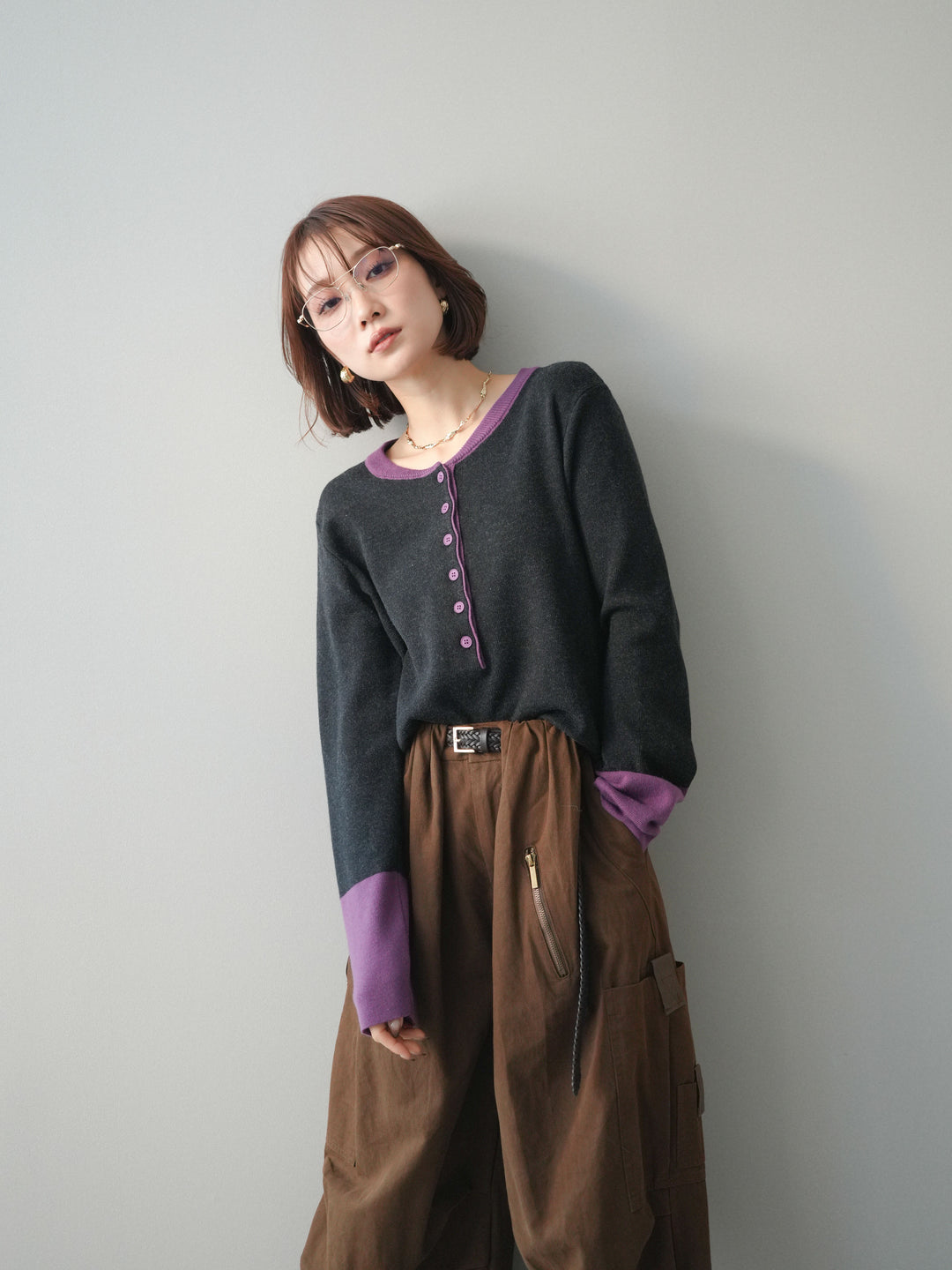 [SET]ヘンリーネック配色ニットソー+ヘンリーネック配色ニットソー(2set)