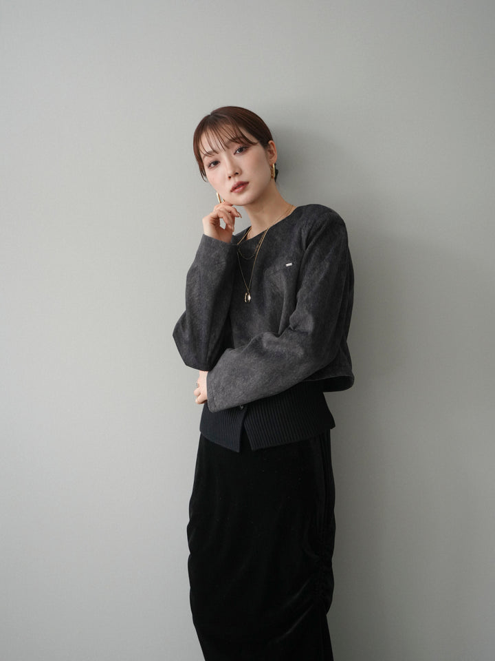 [予約]リブニットレイヤードスエードプルオーバー/charcoal