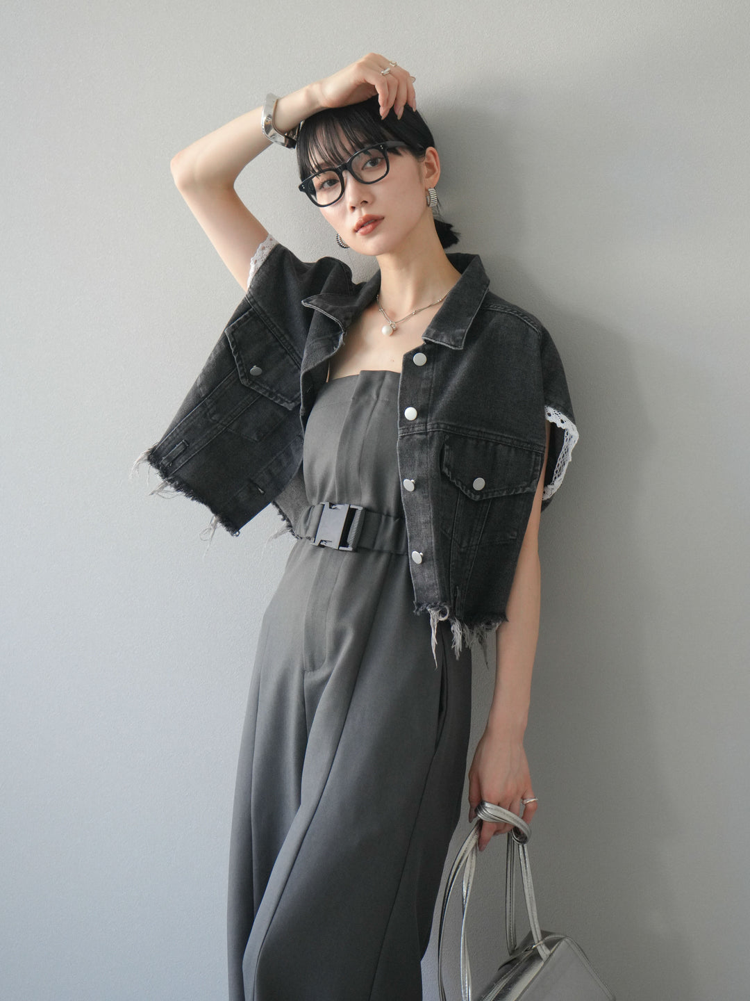 【預購】混色斜紋腰帶熊圖案工裝褲/炭灰色