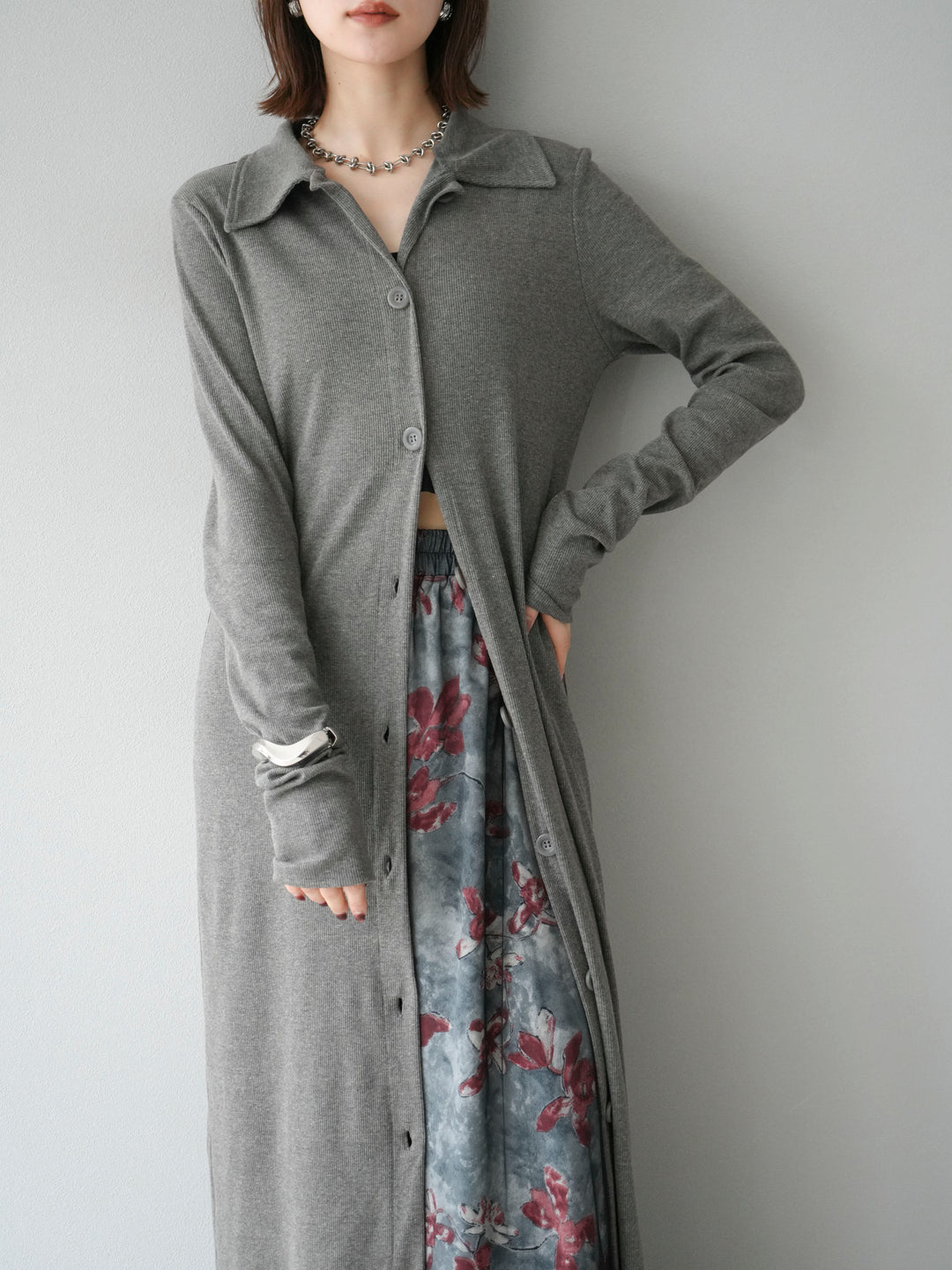 [SET]襟付きカットリブボタンワンピース+フラワープリントチュールレイヤードパンツ(2set)