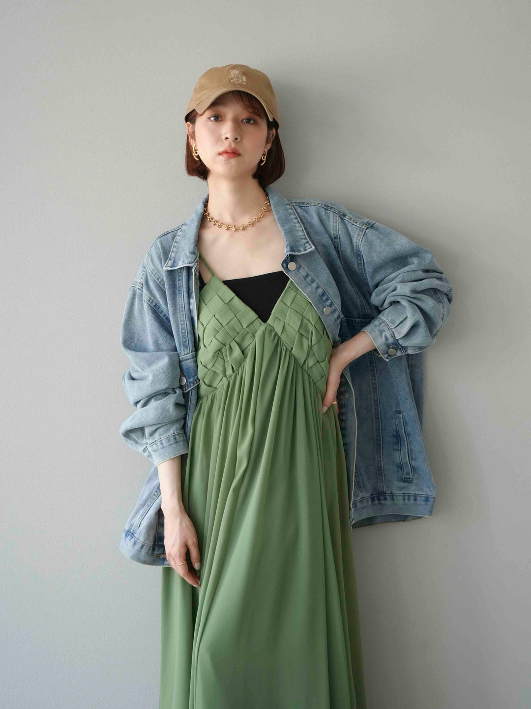 [予約]編み込みデザインシフォンワンピース/グリーン