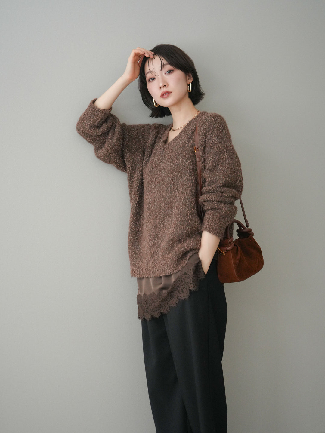 [SET]Vネックスラブニットプルオーバー+選べるアクセセット(2set)