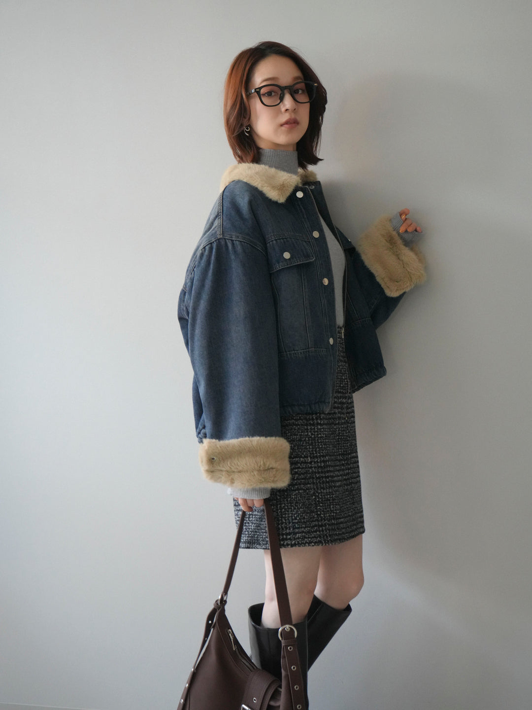 [予約]デニム×ファーステンカラーショートジャケット/blue