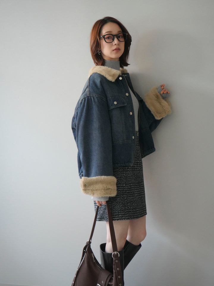 [予約]デニム×ファーステンカラーショートジャケット/blue