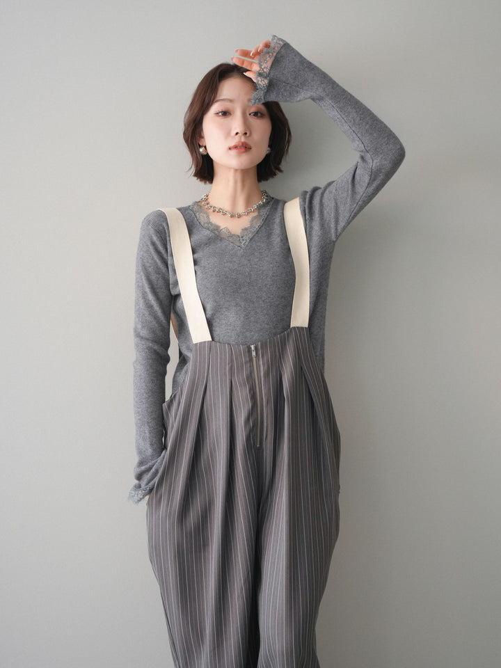 [予約]レースドッキングVネックニットトップス/gray