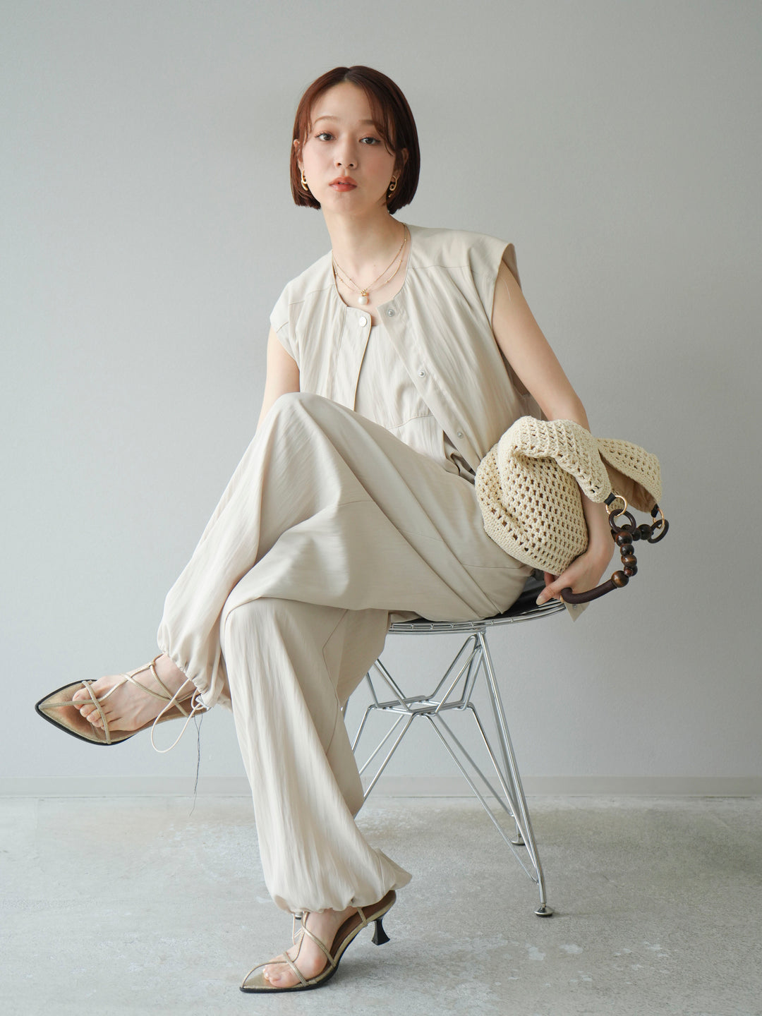 [SET]リネンライクビスチェデザインサロペット+リネンライクドロストバルーンブルゾン(2set)