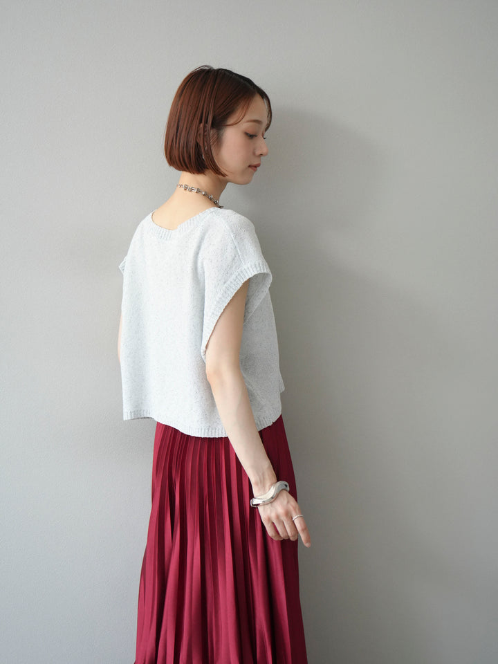 [SET]ネップヤーンクロップドニットベスト+サテンプリーツマキシスカート(2set)