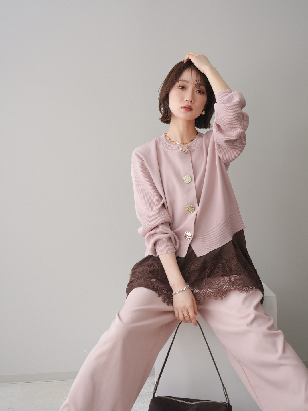 [SET]メタルボタンクルーネックニットカーディガン+選べるアクセセット(2set)